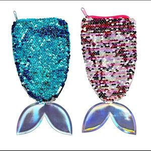 Mermaid Sequined Tail-Shaped Pencil Makeup Bag 9x4.25 in. Nwt pink or blue